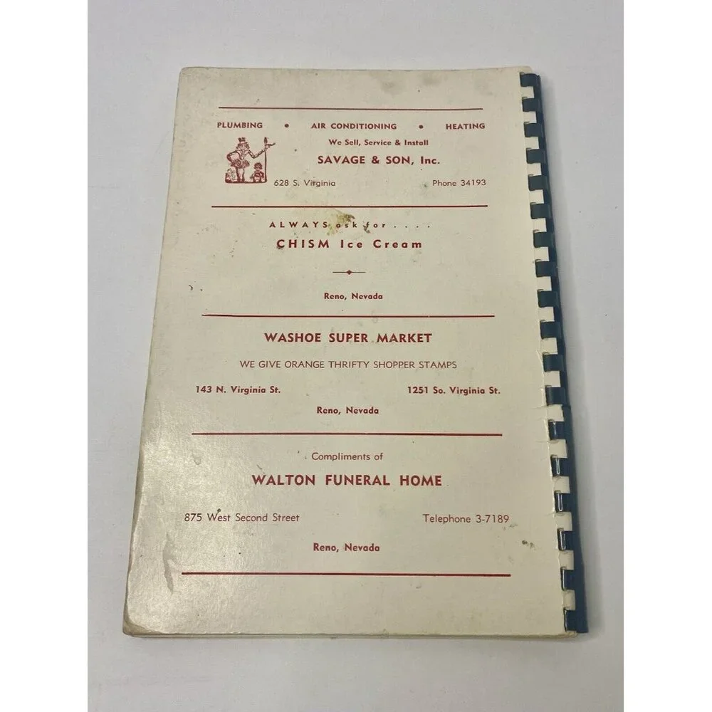 1952 First Baptist Church Reno Nevada Ladies‎ Auxiliary Recipes Cook Book